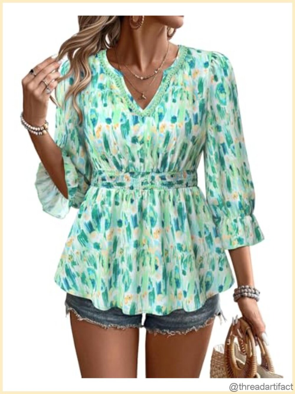 Unixseque 3/4 Sleeve Lace V-Neck Peplum Blouse Women's Dressy Casual Top